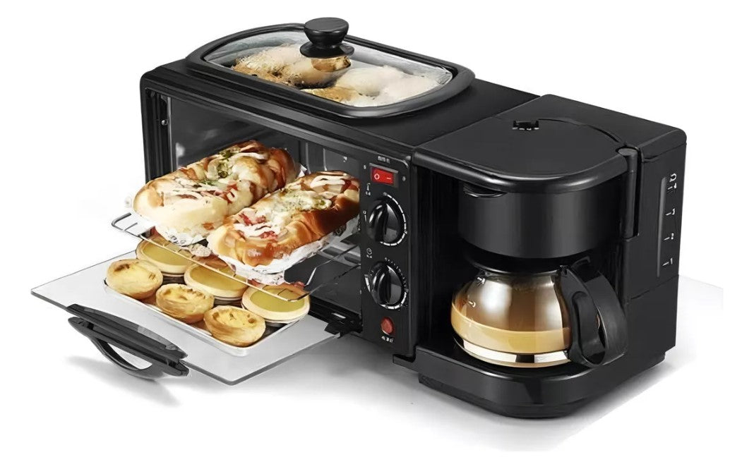 Horno Tostador Multifuncional 3 en 1 - Horno Eléctrico, Cafetera y Sartén