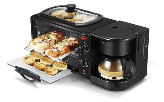 Horno Tostador Multifuncional 3 en 1 - Horno Eléctrico, Cafetera y Sartén